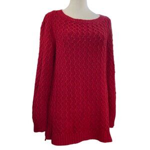 Talbots Red LS Sweater Cable Knit Loose Weave Pullover Cotton Wool size Medium